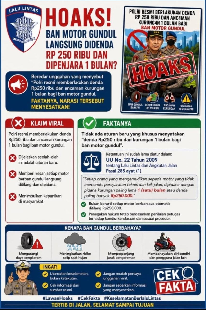 Korlantas Polri: Masyarakat Diimbau Tidak Mudah Percaya Hoaks Terkait Polisi Akan Denda Rp250 Ribu untuk Ban Gundul